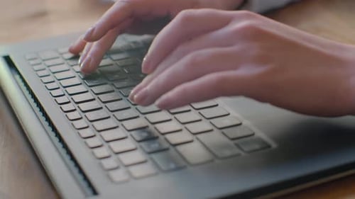 Hands Typing on Computer Keyboard, Moving Camera, Business Man Working on Laptop Pc in Office