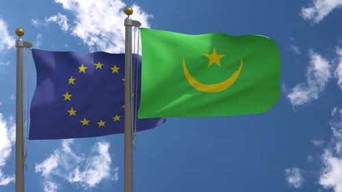 European Union and Mauritania Flags Waving Animation