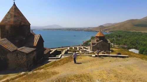 Drone Flying Over Sevanavank Monastery Complex, Sightseeing in Armenia, Religion