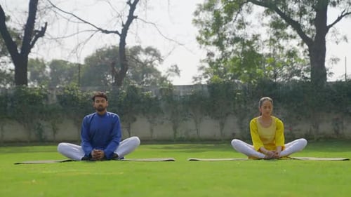 Couple Practicing Yoga on Lawn