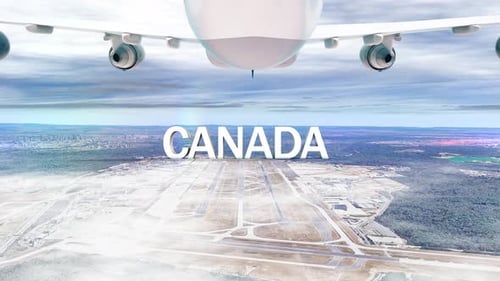 Avião comercial sobre nuvens chegando ao país Canadá