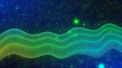 Abstrakte, leuchtende grüne blaue digitale Partikellinien-Wellenanimation