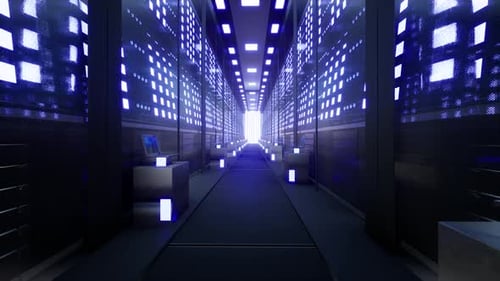 Netzwerk- und Datenserver hinter Glasscheiben in einem Serverraum eines Rechenzentrums oder ISP