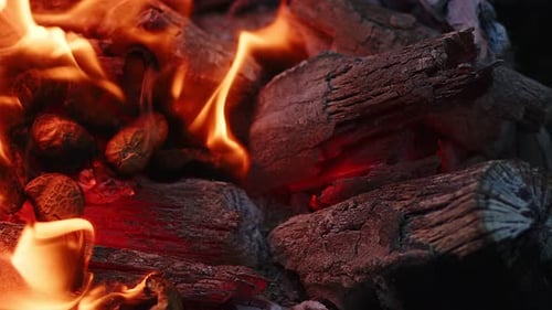 Burning Flames Engulfing Charcoal and Wood