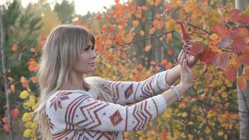 Beautiful Girl Takes a Selfie in the Autumn Park