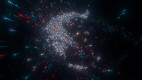 Digital Map of Greece Formed by Glowing Particle Streams