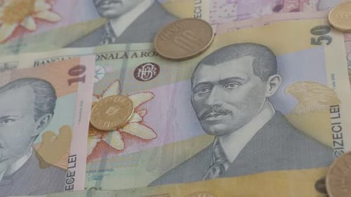 Coins and paper banknotes of Romania 3840X2160p 30fps UltraHD video - Details of Romanian nat