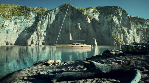 White Yacht Anchored in a Bay with Rocky Cliffs