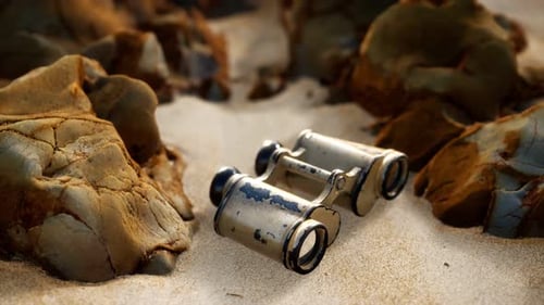 Vieilles jumelles militaires allemandes sur la plage de sable