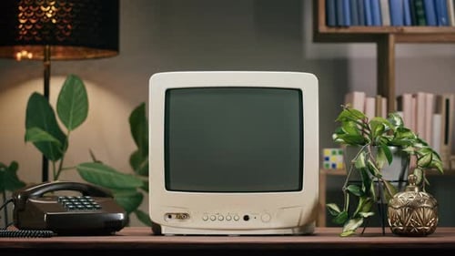 Televisor antiguo con pantalla de interferencia gris en el fondo de la casa