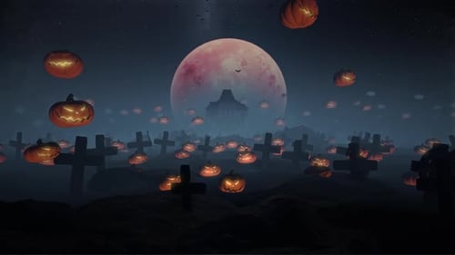 Halloween Night: Spooky Pumpkins Floating in Haunted Graveyard