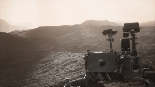 Futuristic Mars Rover on a Rocky Alien Planet Surface