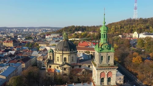 Aerial Video of Uspinska Church in in Central Part of Old City of Lviv, Ukraine