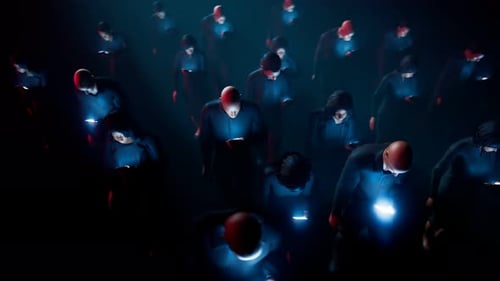 People hypnotized by their mobiles walk in the dark. Zombie walk. Mind control