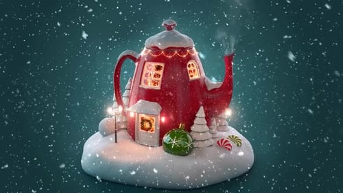 Animated Festive Teapot House in Snowy Winter Wonderland