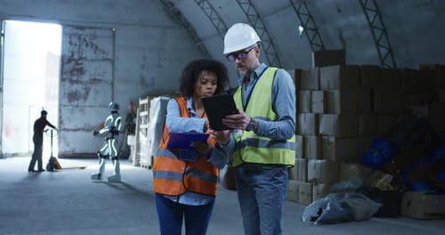 Ingenieure sprechen, während Roboter im Hintergrund arbeiten