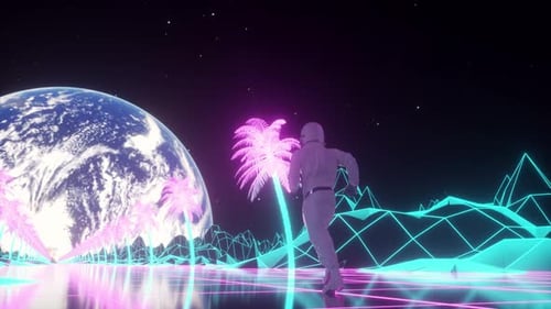 Astronaut Runs Surrounded By Flashing Neon Lights
