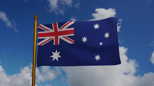 Australian Flag Waving against Blue Sky with Clouds 3D Animation