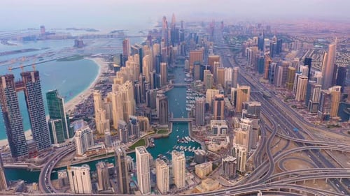 Aerial view of Dubai Marina and highways, Downtown skyline, United Arab Emirates or UAE