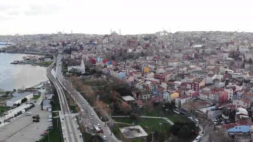 Aerial view of Istanbul city in evening cloudy day