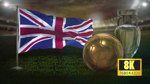 Union Jack Flag Waving with Gold Soccer Ball and Trophy