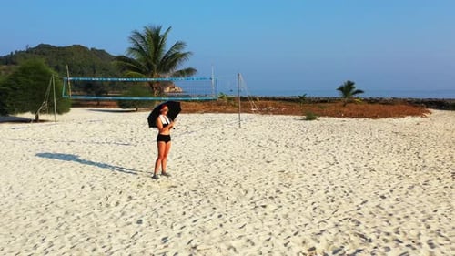Ladies together happy and smiling on luxury lagoon beach time by blue green sea and white sandy back