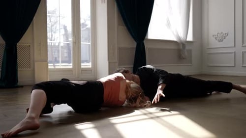 Lovers are Dancing in Hall Dancing Pair is Rehearsing Contemporary Choreography Slow Motion Shot