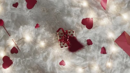 Romantic Gift and Hearts on White Fluffy Blanket