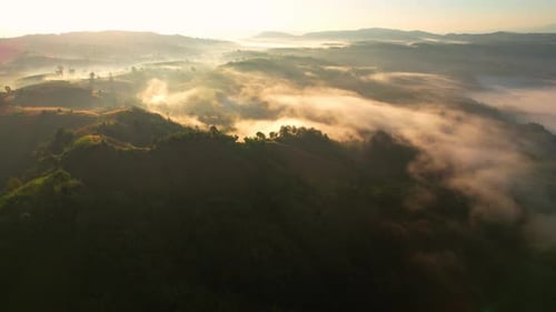 4K Aerial view of Mountains landscape with morning fog.