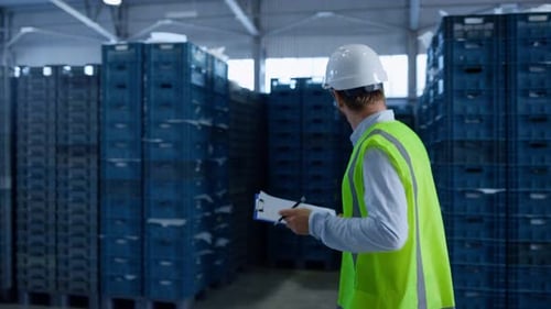 Storehouse Employee Making Notes Calculating Blue Boxes Wearing Green Uniform