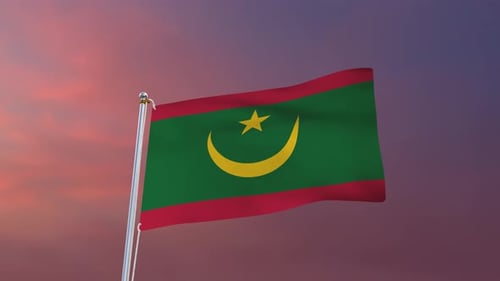 Mauritania Flag Waving in the Wind at Sunset