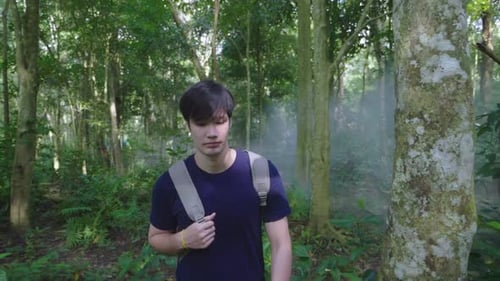 Asian Man Hiking In Forest