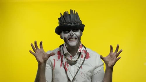 Creepy Zombie with Makeup Smiling on Yellow Background