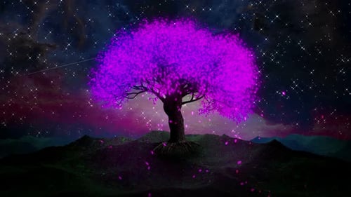 Magical Glowing Tree with Falling Pink Leaves at Starry Night