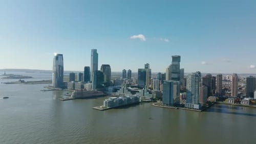 Aerial Panoramic View of Tall Apartment or Office Buildings on Hudson River Waterfront