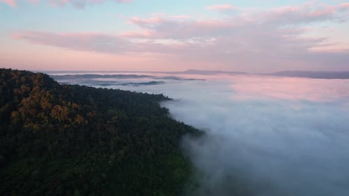 4K Aerial view of Mountains landscape with morning fog.