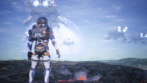 Futuristic Astronaut Observing Spacecraft on Alien World