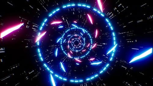 Sci Fi Space Hintergrundschleife mit roten und blauen Wirbelpartikeln, 4K