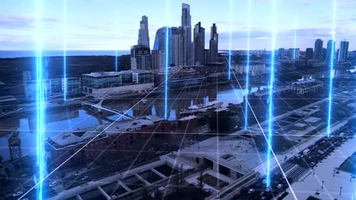Aerial view of blue colored digital lines and grid over Port of Buenos Aires and modern Skyline in b