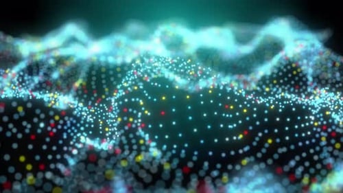 Digital Glowing Blue Particle Wave, Abstract Glitter Particle Wave Motion on Blue Background, Techno