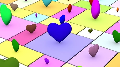 Playful 3D Hearts Bouncing on Colorful Grid Background Animation