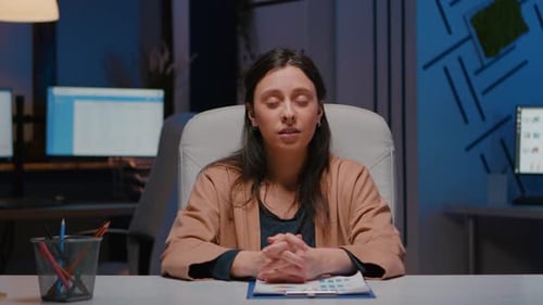 Pov of Exhausted Businesswoman Talking with Remote Business Team