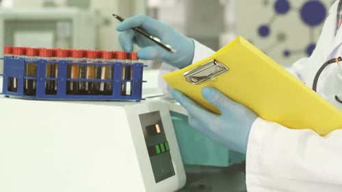 A Close Up of the Hands of the Laboratory Assistant Who Carefully Rewrites the Data About Test Tubes