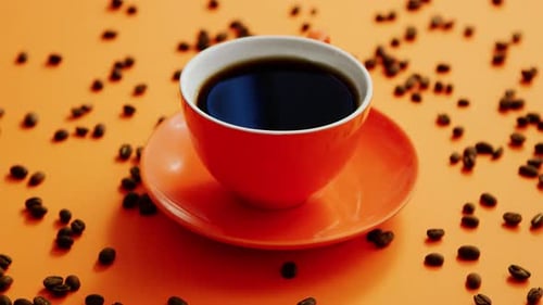 Cup of Black Coffee with Scattered Coffee Beans