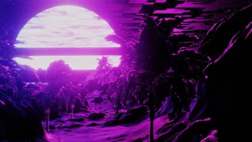 Retro Futuristic Beach with Palm Tree in Pink Light and Windy Weather