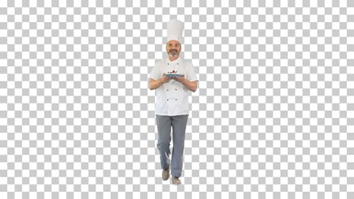 Happy mature chef walking with desert in hands, Alpha Channel