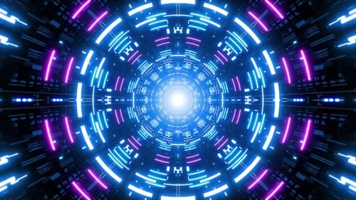 Flickering Blue Circle Lamp in the Multiple Neon Light Retro Style Sci Fi Tunnel VJ Loop