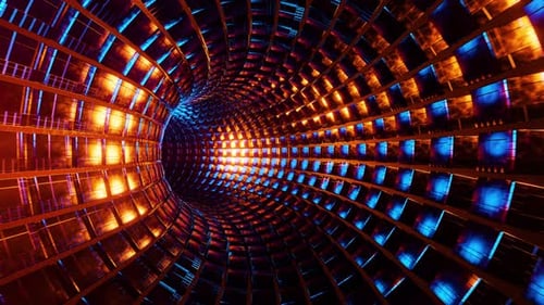 Voler à travers un tunnel de cubes métalliques bleus et oranges