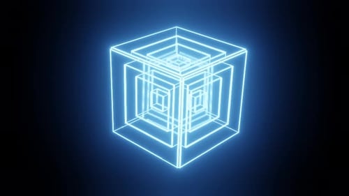 Futuristic Neon Wireframe Cube Rotation