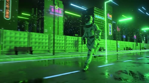 Astronaut Running in Neon City in Cyberpunk Style